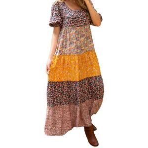 NATURAL LIFE Collette Tiered  Floral Tiered Maxi Dress XS Vibrant Yellow NWT